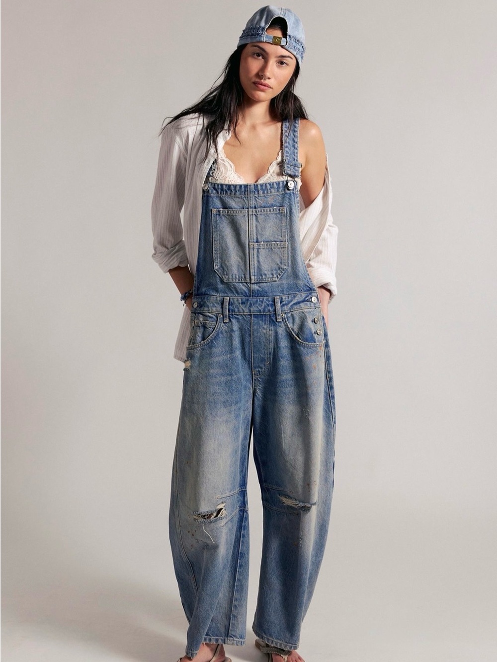 We The Free Light Blue Distressed Good Luck Barrel Overalls